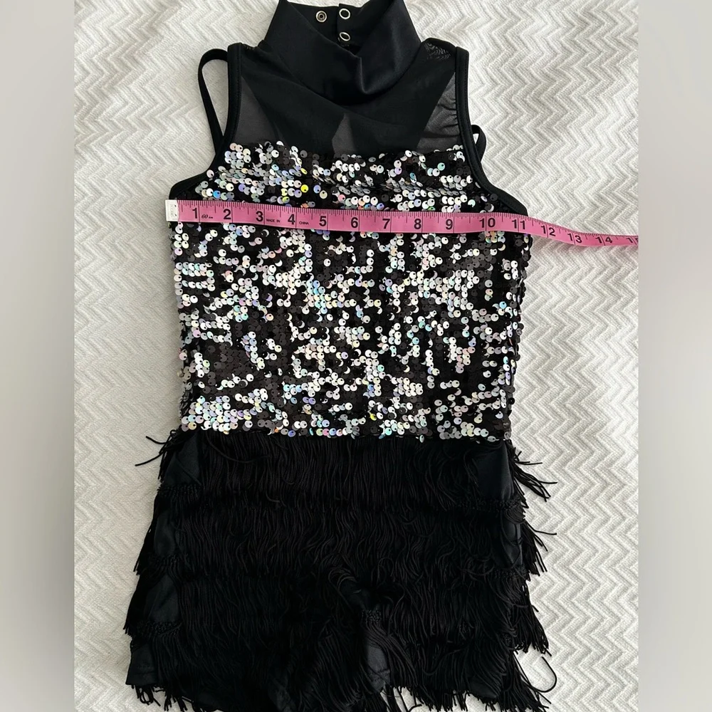 Weissman Fringe Dance Costume Black Sequined Size Medium Child Style 13329